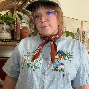 vintage farm/garden embroidered denim top